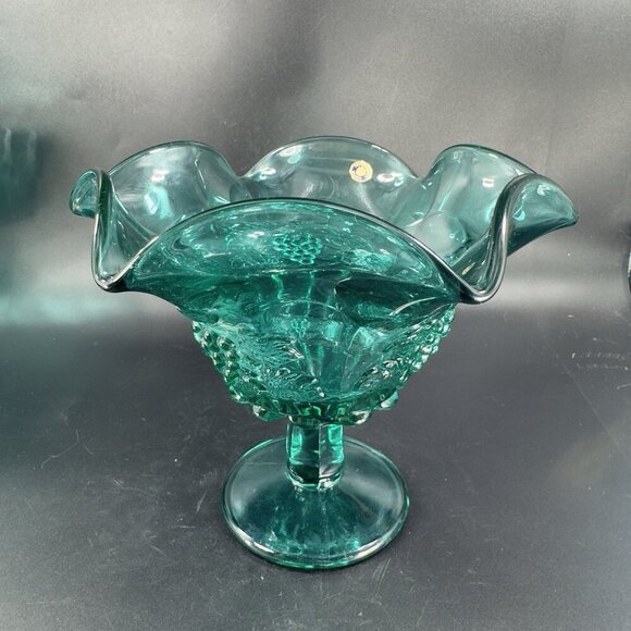 Westmoreland Laurel Green Paneled Grape Pedestal Compote Bowl Dish W Sticker VTG - Picture 11 of 14